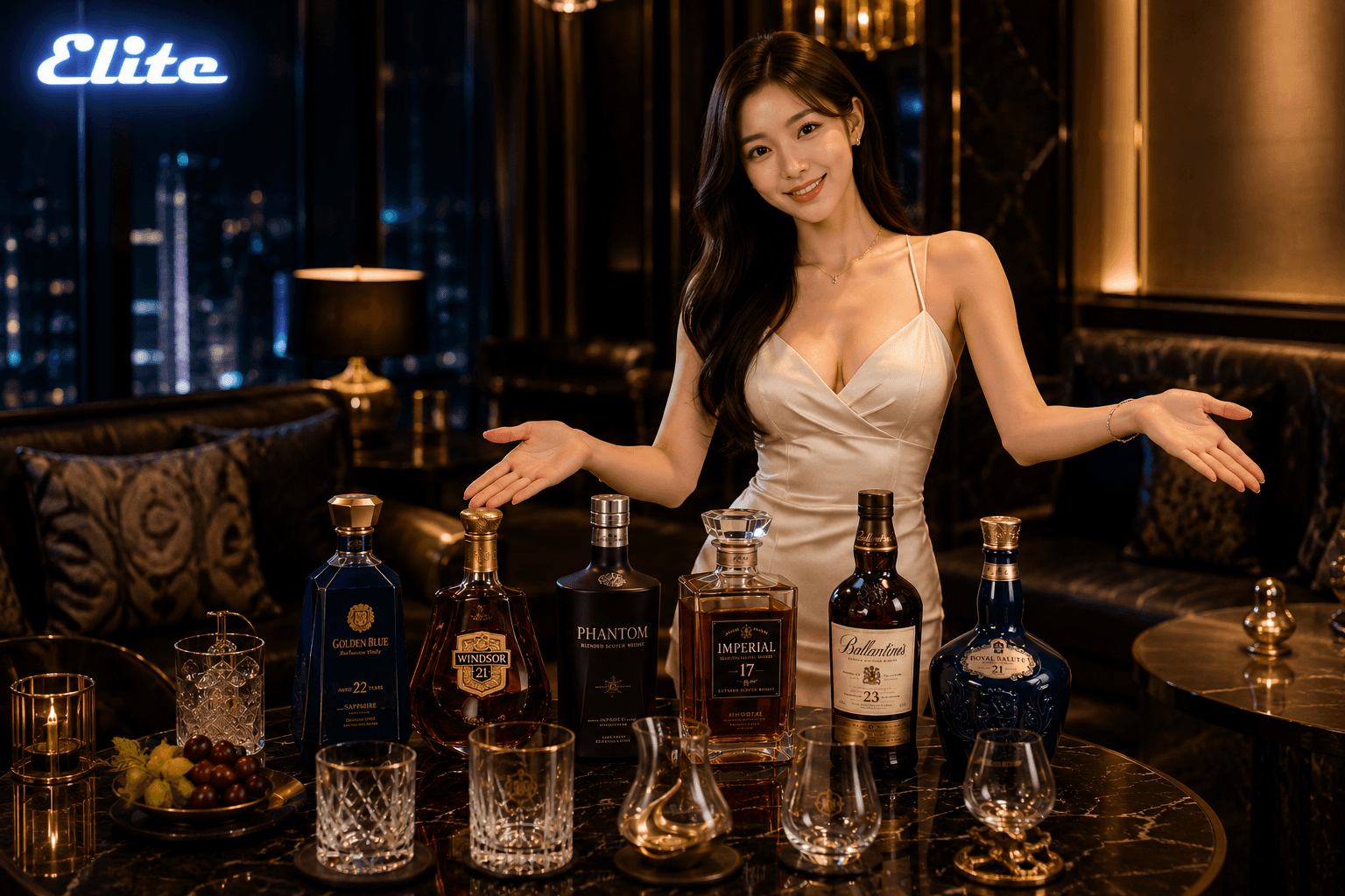 강남 엘리트 프리미엄 세트 — 프리미엄 주류와 페어링 안주가 세팅된 프라이빗 룸 테이블